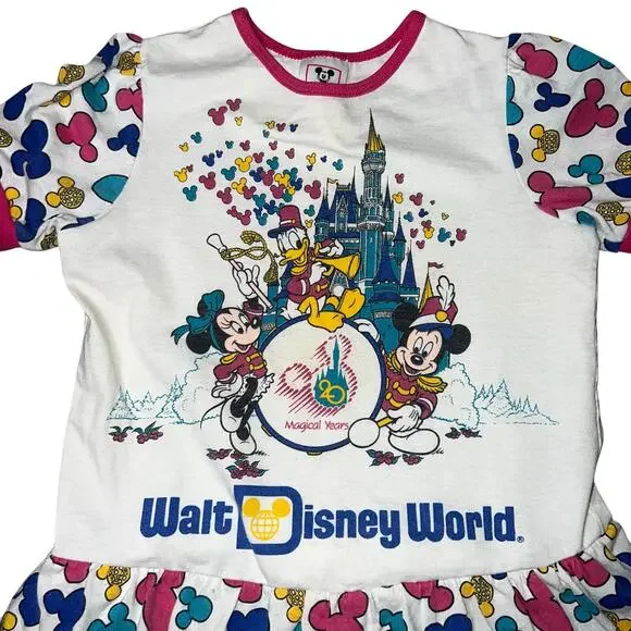 Vintage Walt Disney World Magic Kingdom Mickey ears ruffled tiered AOP girls